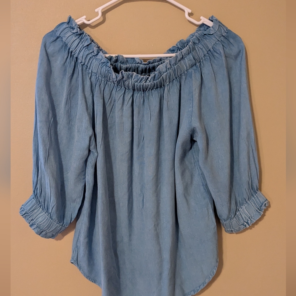 Blue Chambray Ruffle Trim Blouse